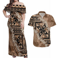 Bula Fiji Plumeria Tagimoucia Salusalu Mocha Couples Matching Off Shoulder Maxi Dress and Hawaiian Shirt Kaiviti Masi LT7 Mocha - Polynesian Pride