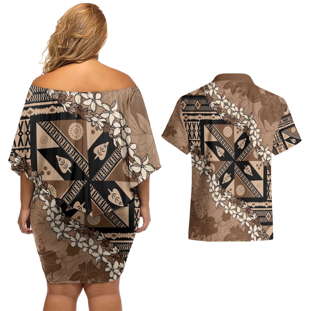 Bula Fiji Plumeria Tagimoucia Salusalu Mocha Couples Matching Off Shoulder Short Dress and Hawaiian Shirt Kaiviti Masi LT7 - Polynesian Pride