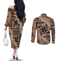 Bula Fiji Plumeria Tagimoucia Salusalu Mocha Couples Matching Off The Shoulder Long Sleeve Dress and Long Sleeve Button Shirt Kaiviti Masi LT7 - Polynesian Pride