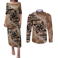Bula Fiji Plumeria Tagimoucia Salusalu Mocha Couples Matching Puletasi and Long Sleeve Button Shirt Kaiviti Masi - Polynesian Pride