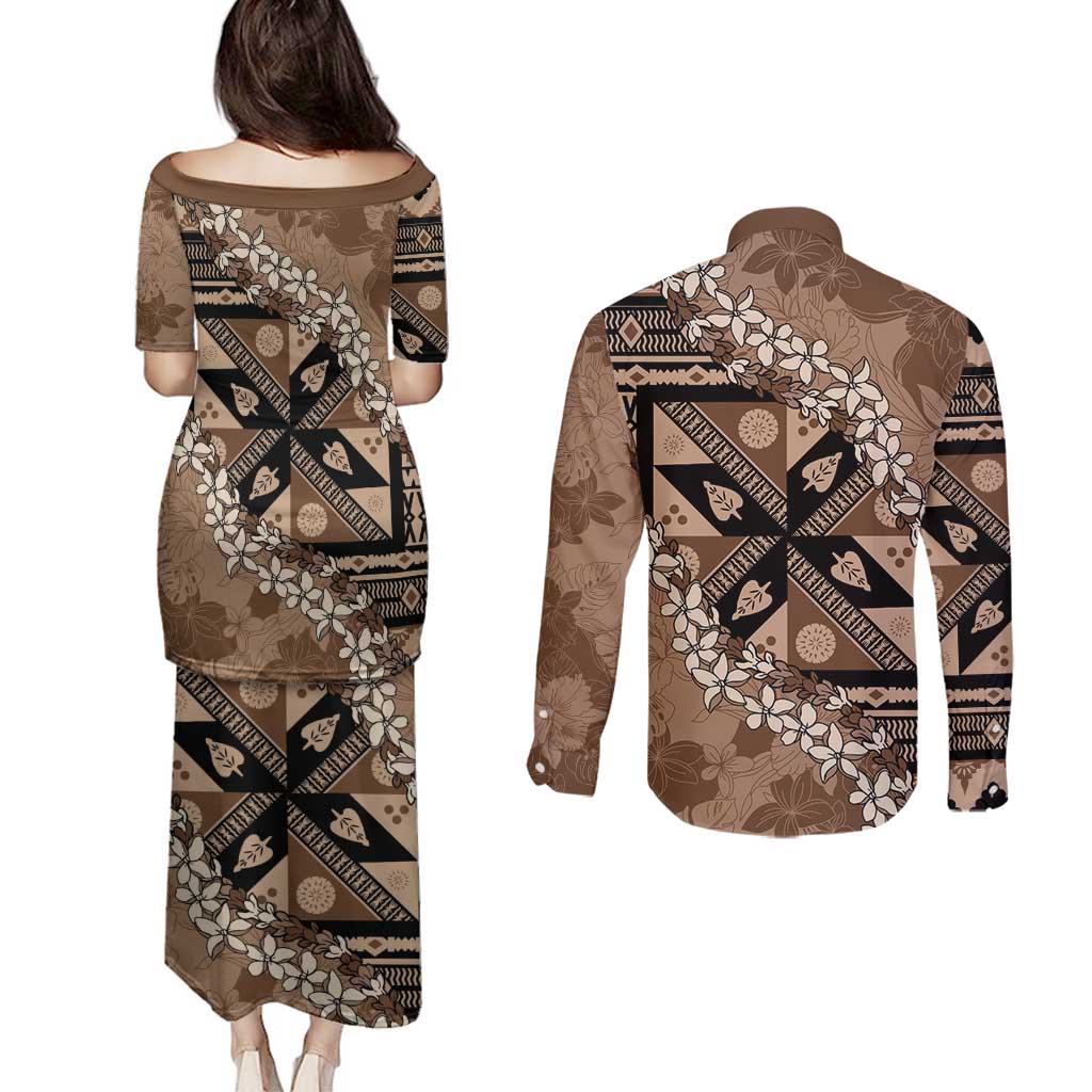 Bula Fiji Plumeria Tagimoucia Salusalu Mocha Couples Matching Puletasi and Long Sleeve Button Shirt Kaiviti Masi - Polynesian Pride