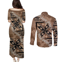 Bula Fiji Plumeria Tagimoucia Salusalu Mocha Couples Matching Puletasi and Long Sleeve Button Shirt Kaiviti Masi - Polynesian Pride