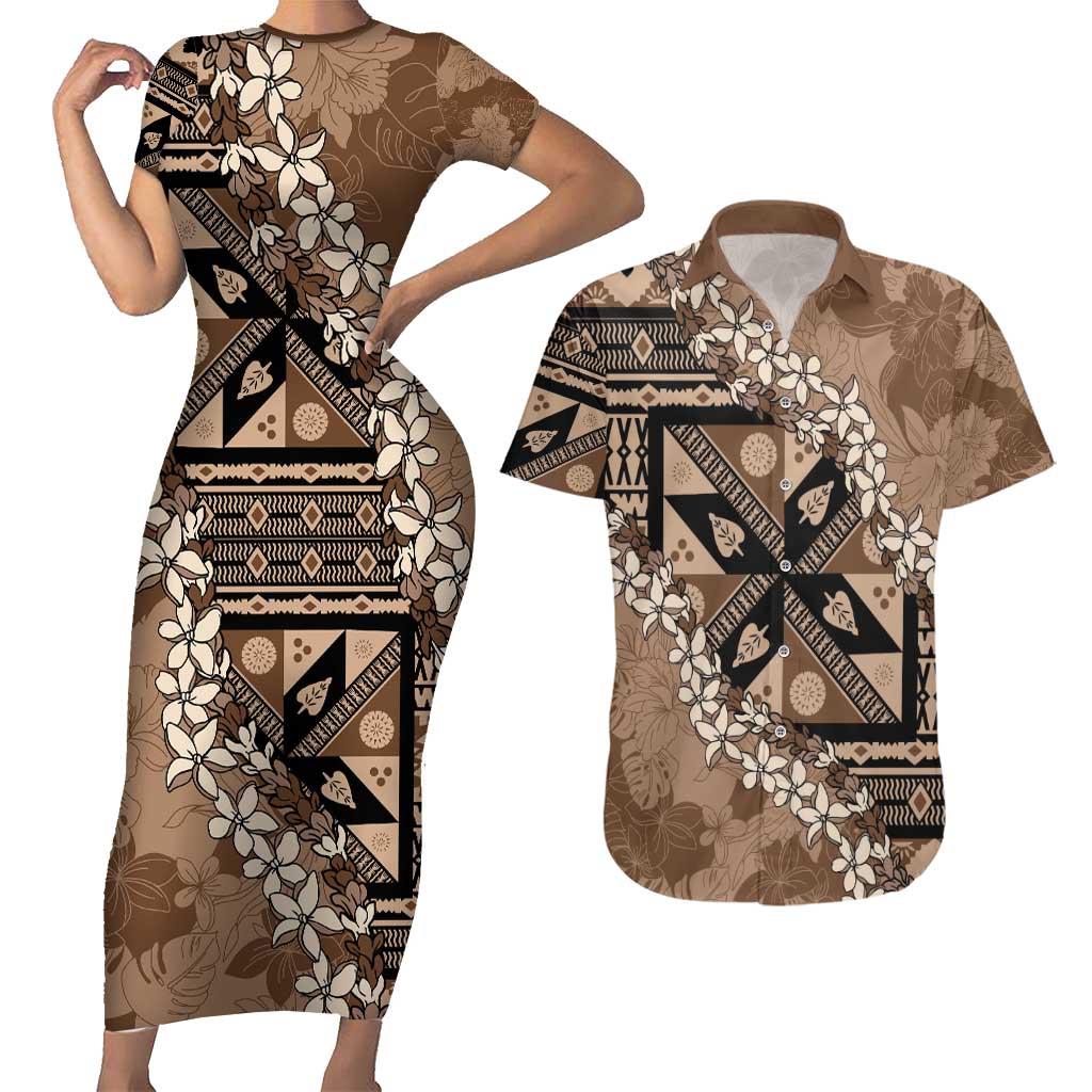 Bula Fiji Plumeria Tagimoucia Salusalu Mocha Couples Matching Short Sleeve Bodycon Dress and Hawaiian Shirt Kaiviti Masi LT7 Mocha - Polynesian Pride