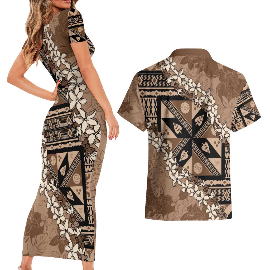 Bula Fiji Plumeria Tagimoucia Salusalu Mocha Couples Matching Short Sleeve Bodycon Dress and Hawaiian Shirt Kaiviti Masi LT7 - Polynesian Pride