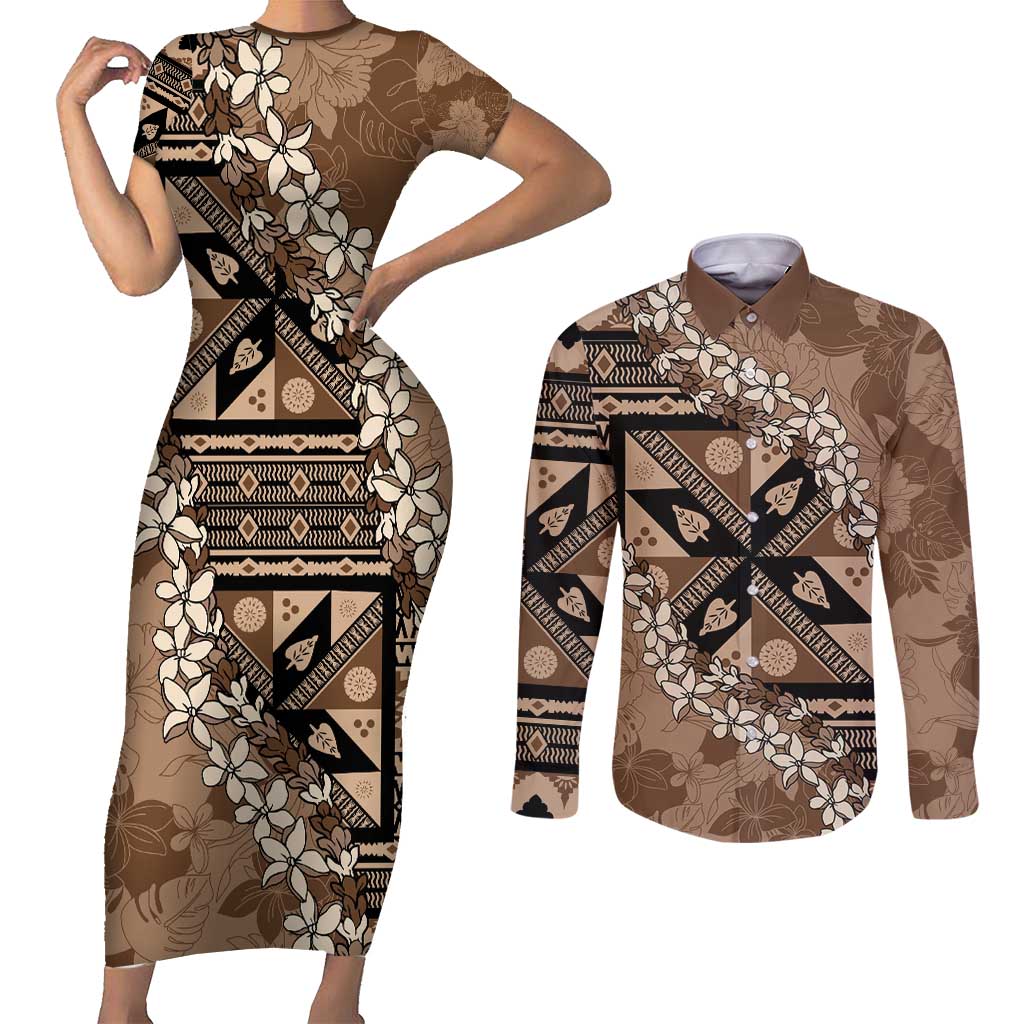 Bula Fiji Plumeria Tagimoucia Salusalu Mocha Couples Matching Short Sleeve Bodycon Dress and Long Sleeve Button Shirt Kaiviti Masi LT7 Mocha - Polynesian Pride