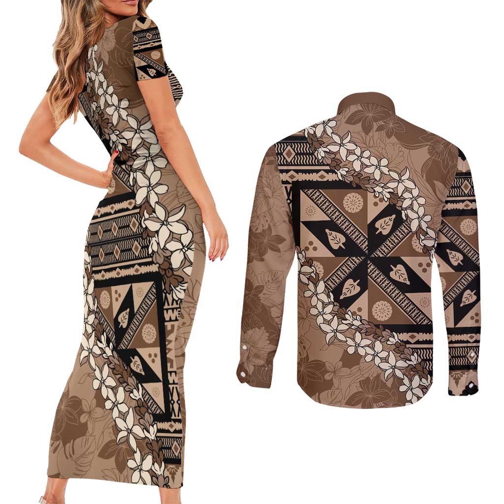 Bula Fiji Plumeria Tagimoucia Salusalu Mocha Couples Matching Short Sleeve Bodycon Dress and Long Sleeve Button Shirt Kaiviti Masi LT7 - Polynesian Pride