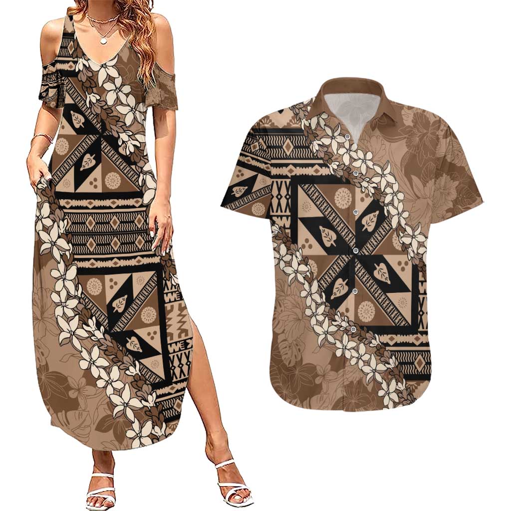Bula Fiji Plumeria Tagimoucia Salusalu Mocha Couples Matching Summer Maxi Dress and Hawaiian Shirt Kaiviti Masi LT7 Mocha - Polynesian Pride