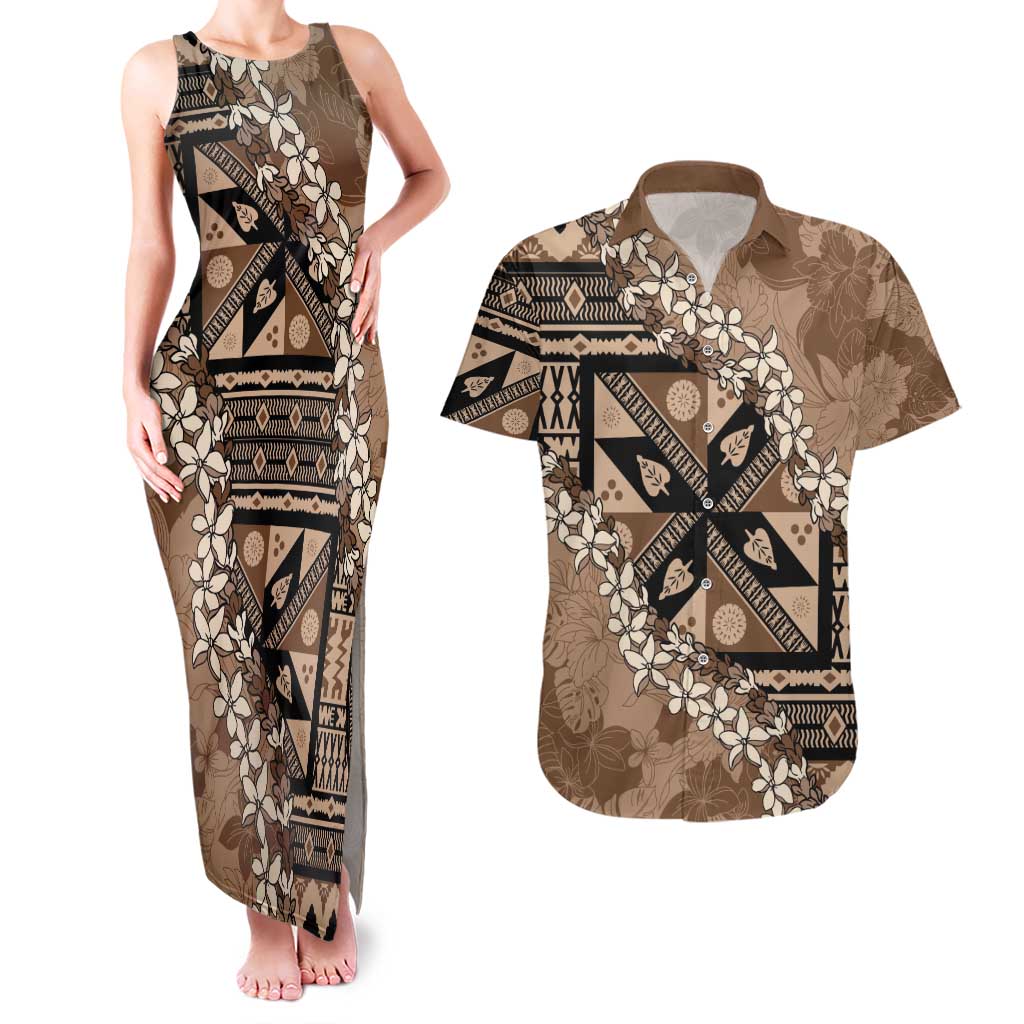 Bula Fiji Plumeria Tagimoucia Salusalu Mocha Couples Matching Tank Maxi Dress and Hawaiian Shirt Kaiviti Masi LT7 Mocha - Polynesian Pride