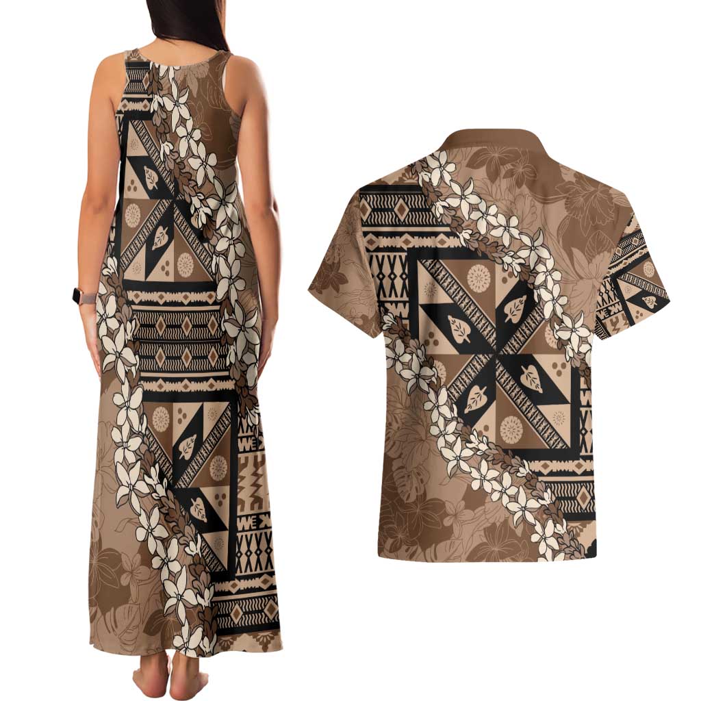 Bula Fiji Plumeria Tagimoucia Salusalu Mocha Couples Matching Tank Maxi Dress and Hawaiian Shirt Kaiviti Masi LT7 - Polynesian Pride