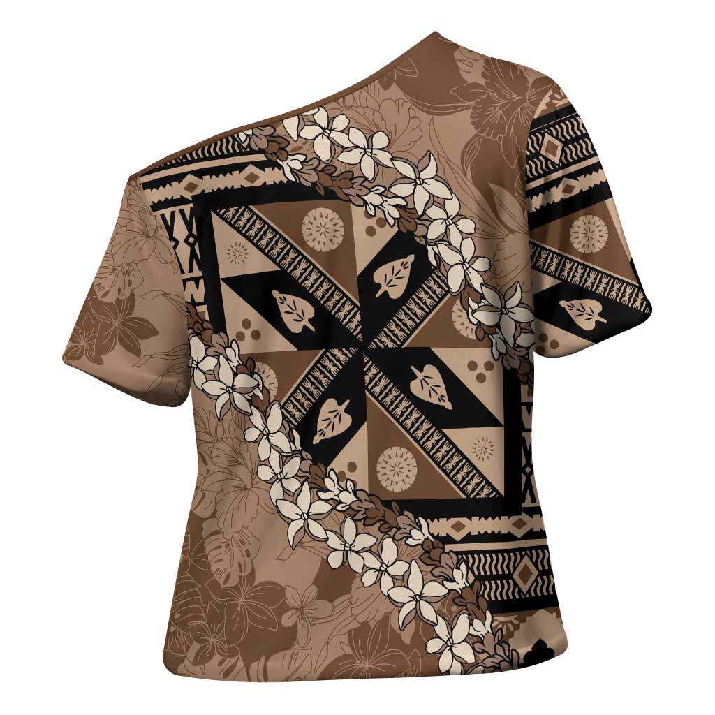 Bula Fiji Plumeria Tagimoucia Salusalu Mocha Cross Shoulder Shirt Kaiviti Masi - Polynesian Pride