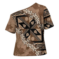 Bula Fiji Plumeria Tagimoucia Salusalu Mocha Cross Shoulder Shirt Kaiviti Masi - Polynesian Pride