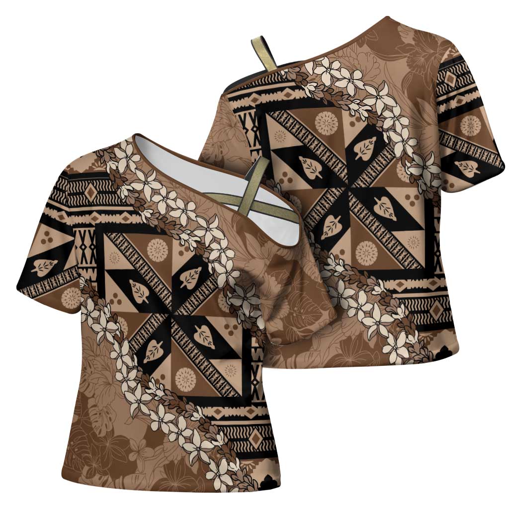 Bula Fiji Plumeria Tagimoucia Salusalu Mocha Cross Shoulder Shirt Kaiviti Masi - Polynesian Pride