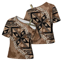 Bula Fiji Plumeria Tagimoucia Salusalu Mocha Cross Shoulder Shirt Kaiviti Masi - Polynesian Pride