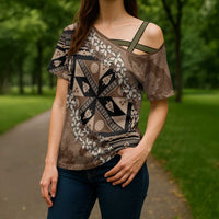 Bula Fiji Plumeria Tagimoucia Salusalu Mocha Cross Shoulder Shirt Kaiviti Masi - Polynesian Pride