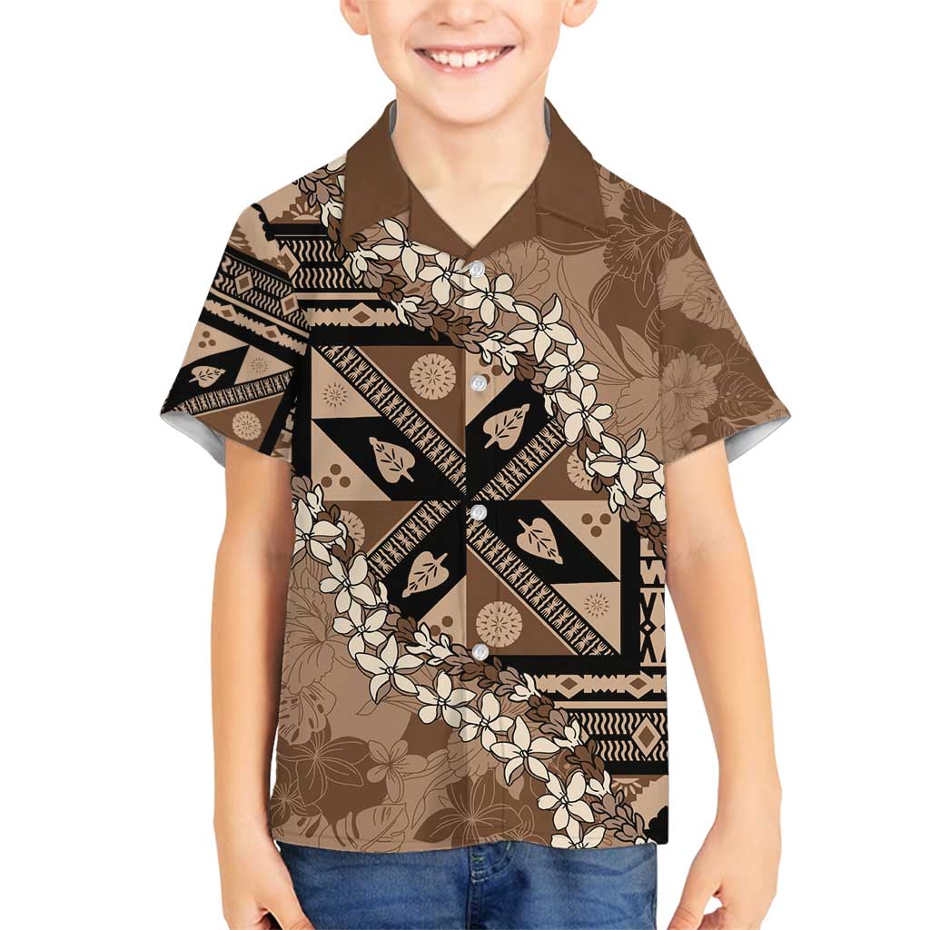Bula Fiji Plumeria Tagimoucia Salusalu Mocha Family Matching Long Sleeve Bodycon Dress and Hawaiian Shirt Kaiviti Masi LT7 Son's Shirt Mocha - Polynesian Pride