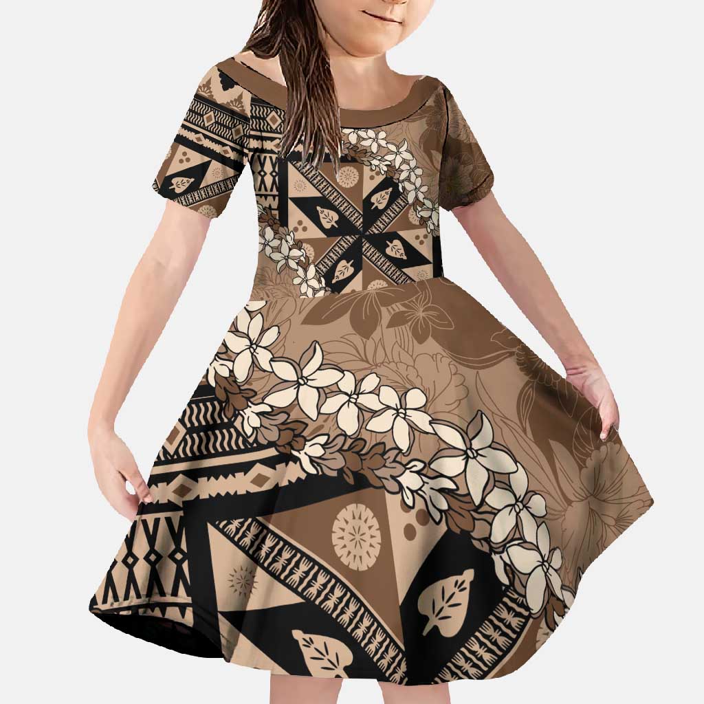 Bula Fiji Plumeria Tagimoucia Salusalu Mocha Family Matching Mermaid Dress and Hawaiian Shirt Kaiviti Masi LT7 Daughter's Dress Mocha - Polynesian Pride