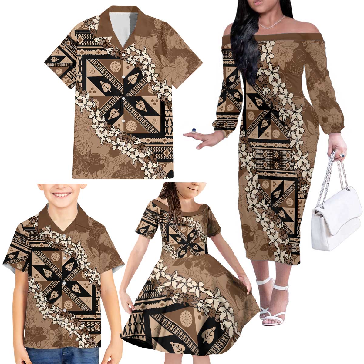 Bula Fiji Plumeria Tagimoucia Salusalu Mocha Family Matching Off The Shoulder Long Sleeve Dress and Hawaiian Shirt Kaiviti Masi LT7 - Polynesian Pride