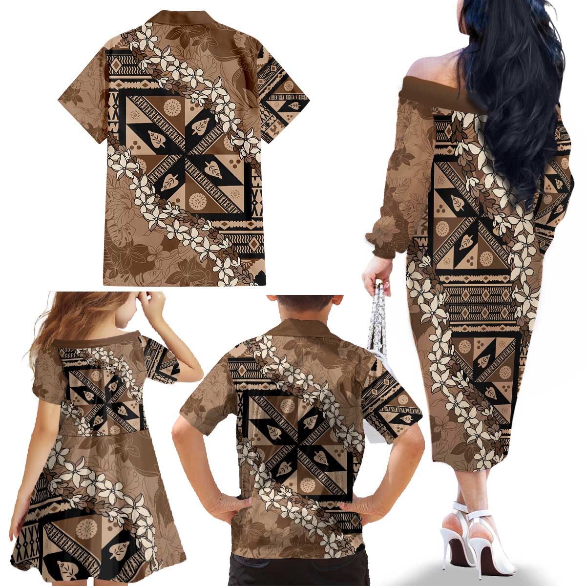 Bula Fiji Plumeria Tagimoucia Salusalu Mocha Family Matching Off The Shoulder Long Sleeve Dress and Hawaiian Shirt Kaiviti Masi LT7 - Polynesian Pride