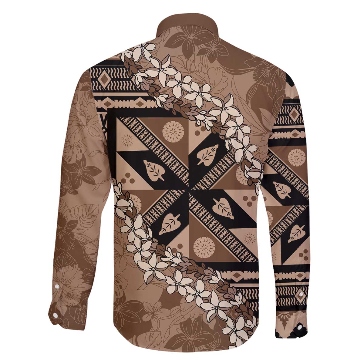 Bula Fiji Plumeria Tagimoucia Salusalu Mocha Family Matching Off The Shoulder Long Sleeve Dress and Hawaiian Shirt Kaiviti Masi LT7 - Polynesian Pride