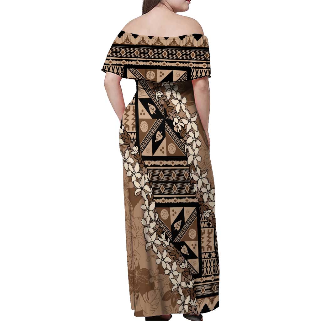 Bula Fiji Plumeria Tagimoucia Salusalu Mocha Family Matching Off Shoulder Maxi Dress and Hawaiian Shirt Kaiviti Masi LT7 - Polynesian Pride