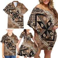 Bula Fiji Plumeria Tagimoucia Salusalu Mocha Family Matching Off Shoulder Short Dress and Hawaiian Shirt Kaiviti Masi LT7 - Polynesian Pride