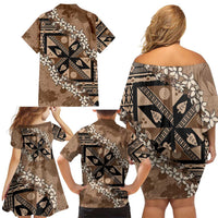 Bula Fiji Plumeria Tagimoucia Salusalu Mocha Family Matching Off Shoulder Short Dress and Hawaiian Shirt Kaiviti Masi LT7 - Polynesian Pride