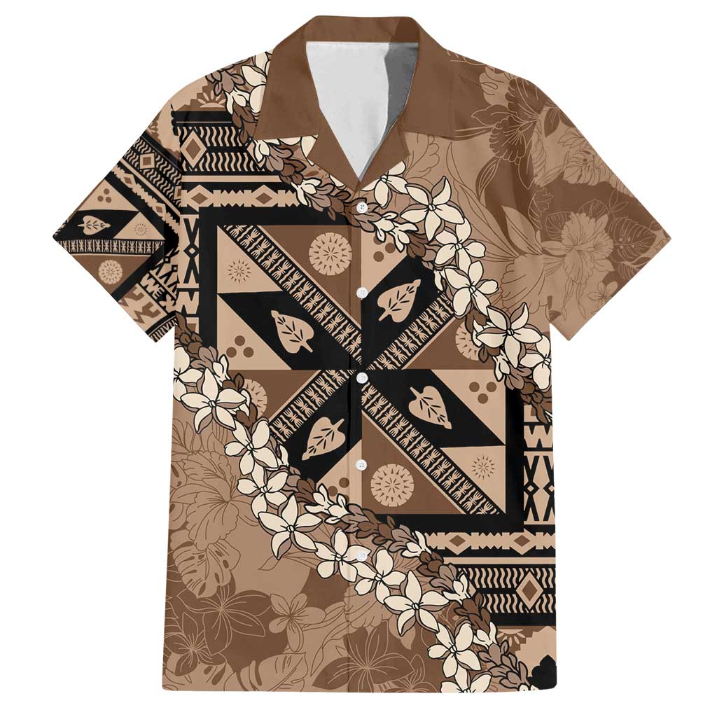 Bula Fiji Plumeria Tagimoucia Salusalu Mocha Family Matching Off Shoulder Short Dress and Hawaiian Shirt Kaiviti Masi LT7 Dad's Shirt - Short Sleeve Mocha - Polynesian Pride