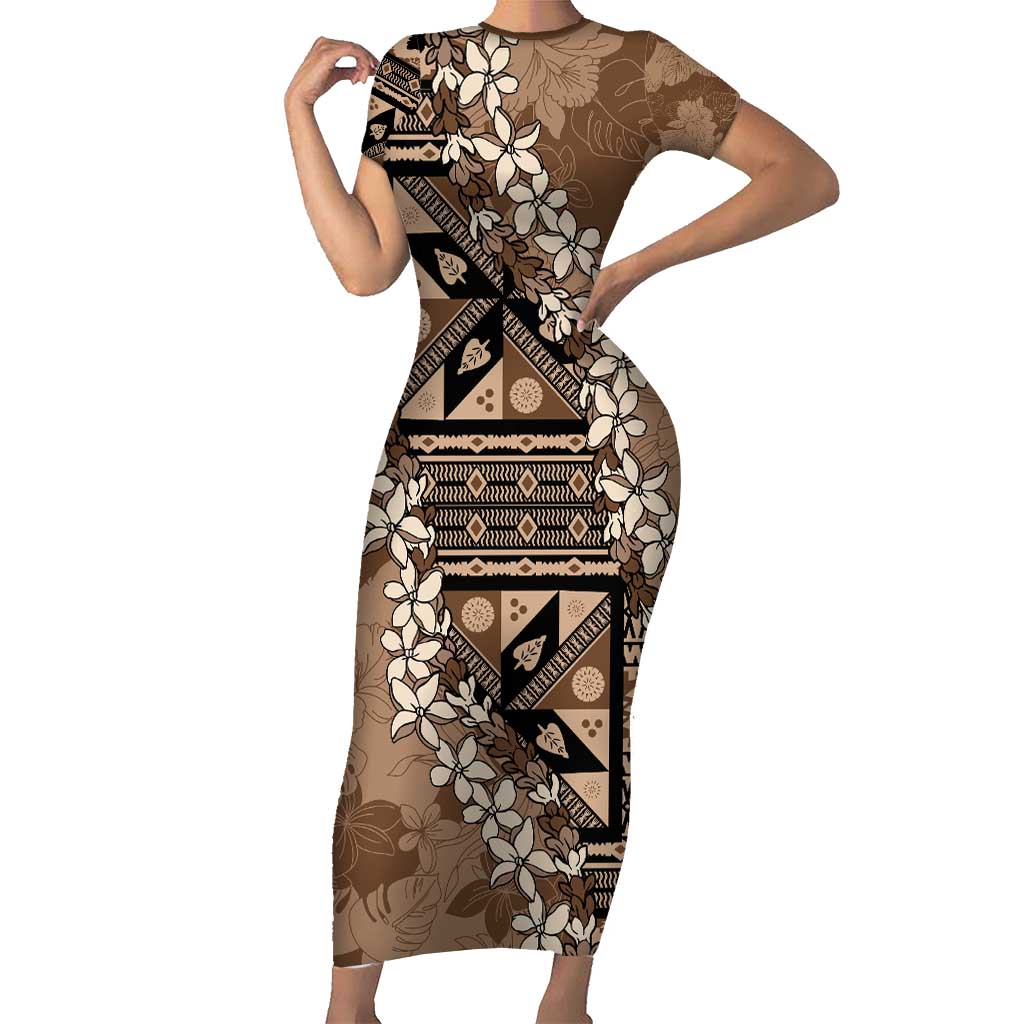 Bula Fiji Plumeria Tagimoucia Salusalu Mocha Family Matching Short Sleeve Bodycon Dress and Hawaiian Shirt Kaiviti Masi LT7 Mom's Dress Mocha - Polynesian Pride