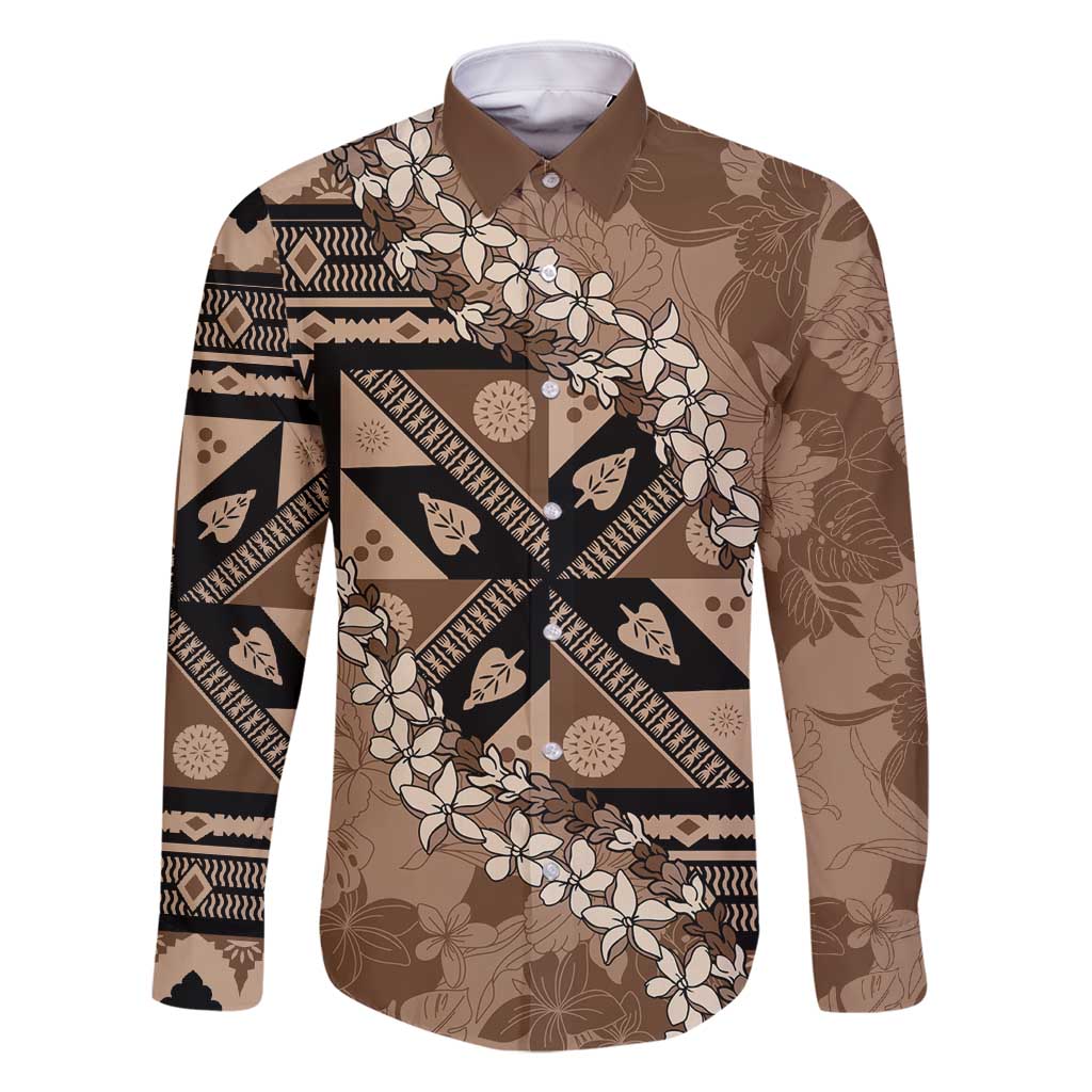 Bula Fiji Plumeria Tagimoucia Salusalu Mocha Family Matching Summer Maxi Dress and Hawaiian Shirt Kaiviti Masi LT7 Dad's Shirt - Long Sleeve Mocha - Polynesian Pride