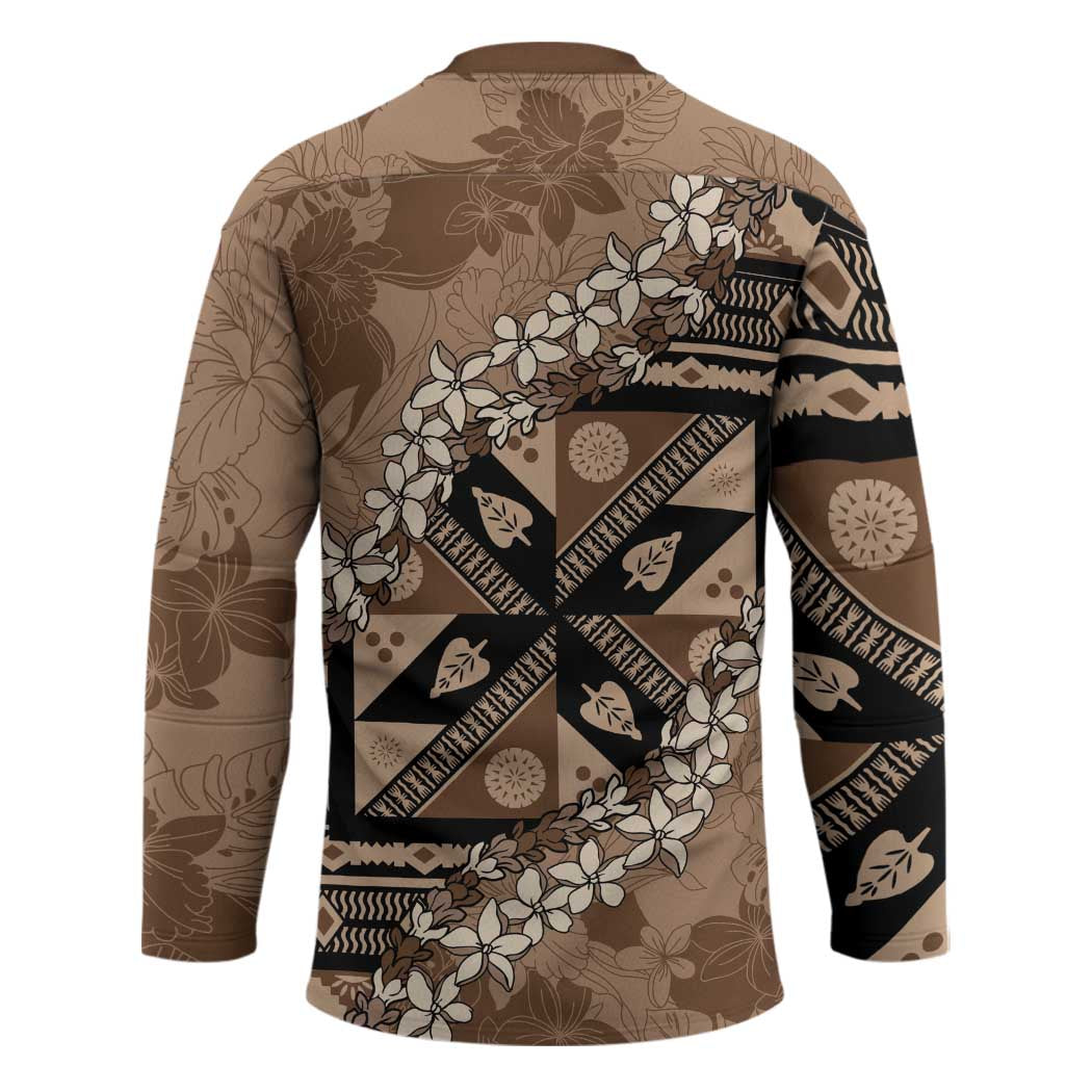 Bula Fiji Plumeria Tagimoucia Salusalu Mocha Hockey Jersey Kaiviti Masi - Polynesian Pride