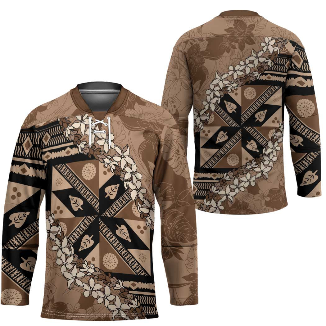 Bula Fiji Plumeria Tagimoucia Salusalu Mocha Hockey Jersey Kaiviti Masi - Polynesian Pride