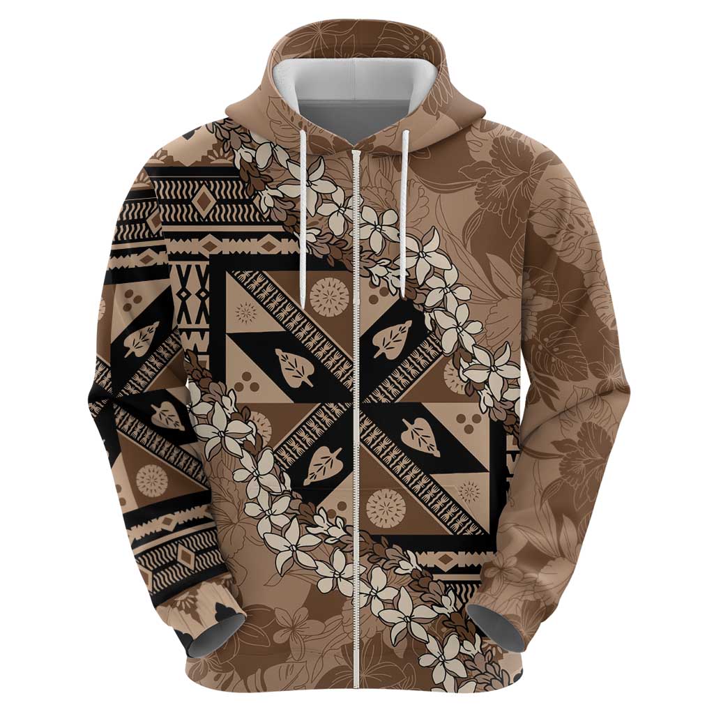 Bula Fiji Plumeria Tagimoucia Salusalu Mocha Hoodie Kaiviti Masi - Polynesian Pride
