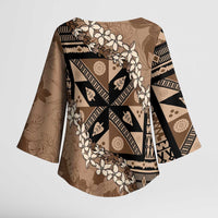 Bula Fiji Plumeria Tagimoucia Salusalu Mocha Kimono Sleeve Blouse Kaiviti Masi LT7 - Polynesian Pride
