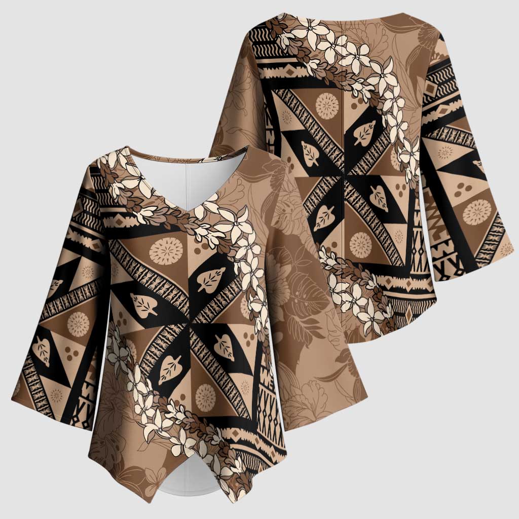 Bula Fiji Plumeria Tagimoucia Salusalu Mocha Kimono Sleeve Blouse Kaiviti Masi LT7 - Polynesian Pride