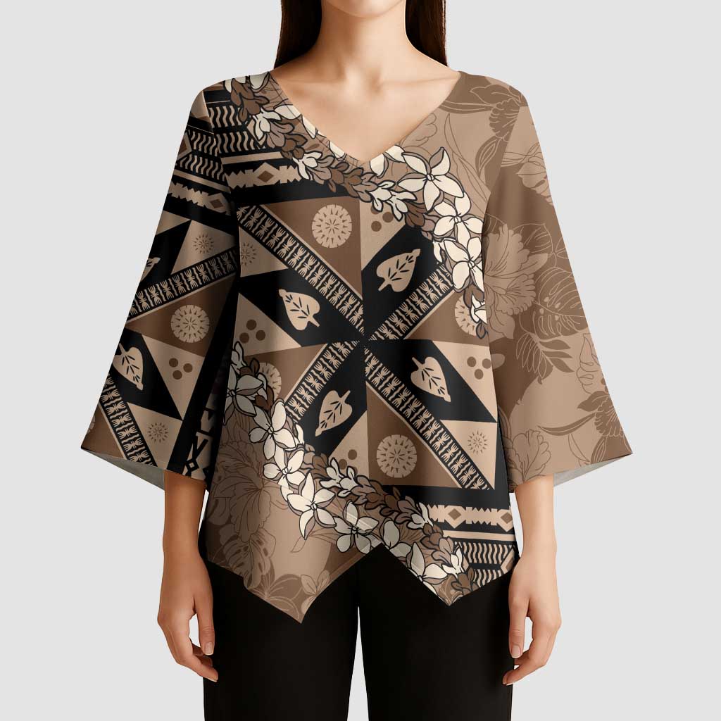 Bula Fiji Plumeria Tagimoucia Salusalu Mocha Kimono Sleeve Blouse Kaiviti Masi LT7 - Polynesian Pride
