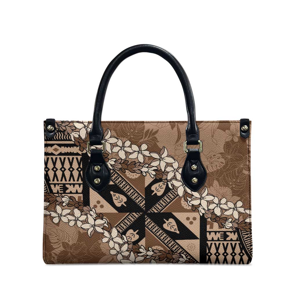 Bula Fiji Plumeria Tagimoucia Salusalu Mocha Leather Bag Kaiviti Masi - Polynesian Pride