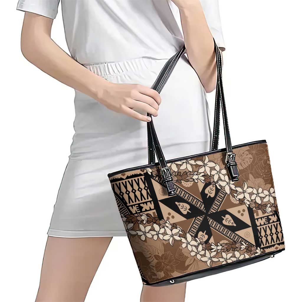 Bula Fiji Plumeria Tagimoucia Salusalu Mocha Leather Tote Bag Kaiviti Masi LT7 - Polynesian Pride