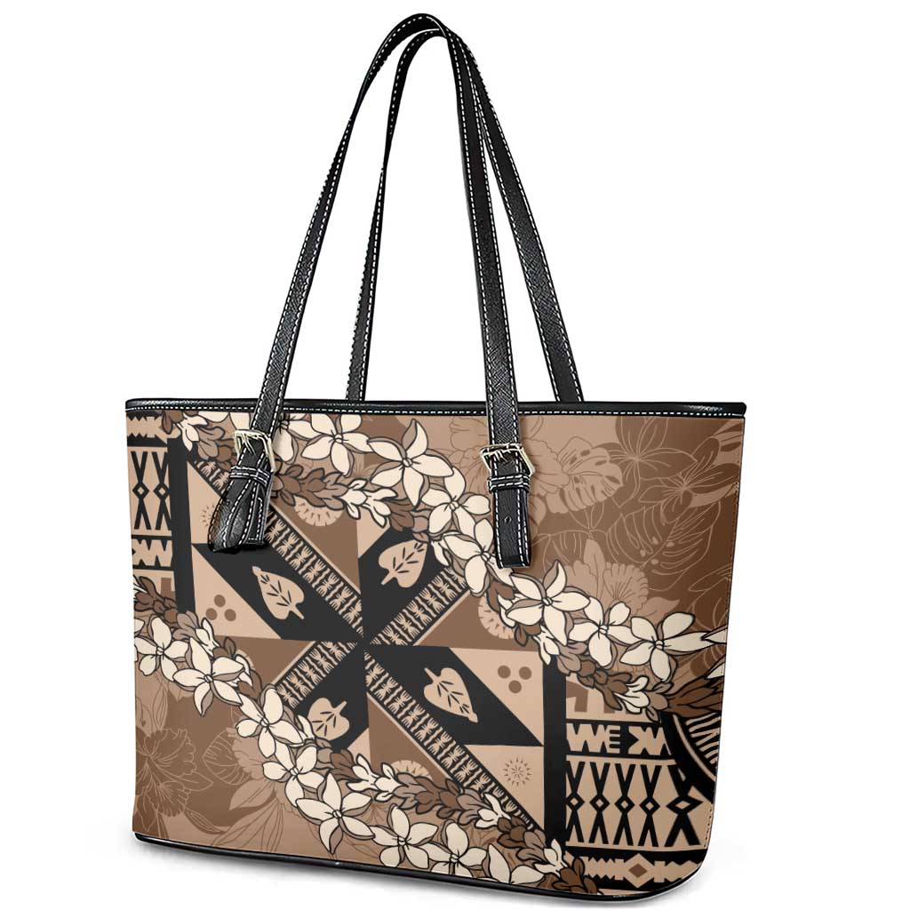 Bula Fiji Plumeria Tagimoucia Salusalu Mocha Leather Tote Bag Kaiviti Masi LT7 - Polynesian Pride