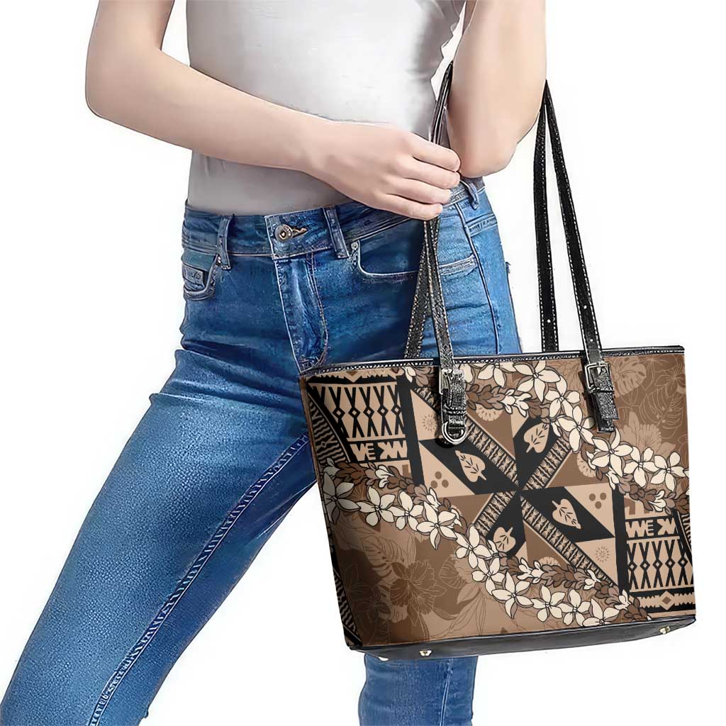 Bula Fiji Plumeria Tagimoucia Salusalu Mocha Leather Tote Bag Kaiviti Masi LT7 - Polynesian Pride