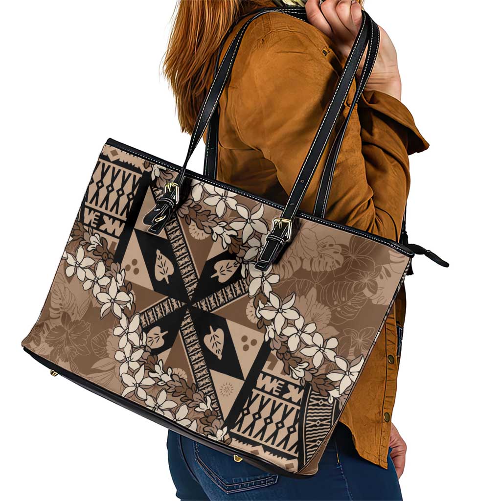 Bula Fiji Plumeria Tagimoucia Salusalu Mocha Leather Tote Bag Kaiviti Masi LT7 - Polynesian Pride