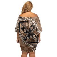 Bula Fiji Plumeria Tagimoucia Salusalu Mocha Off Shoulder Short Dress Kaiviti Masi - Polynesian Pride