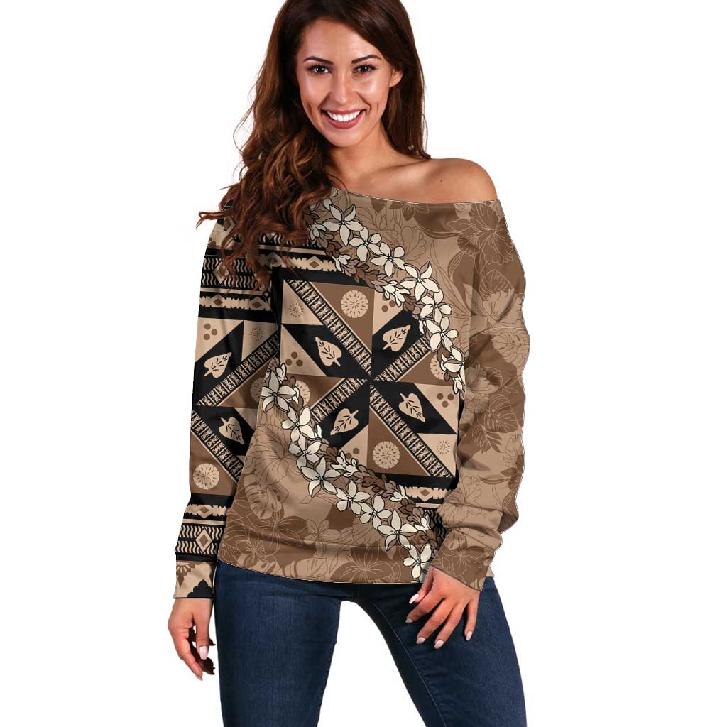 Bula Fiji Plumeria Tagimoucia Salusalu Mocha Off Shoulder Sweater Kaiviti Masi LT7 Women Mocha - Polynesian Pride