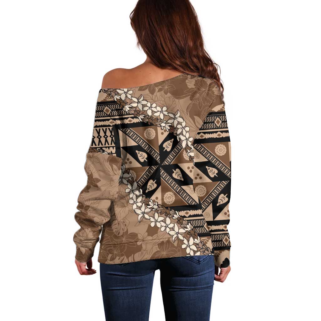 Bula Fiji Plumeria Tagimoucia Salusalu Mocha Off Shoulder Sweater Kaiviti Masi LT7 - Polynesian Pride