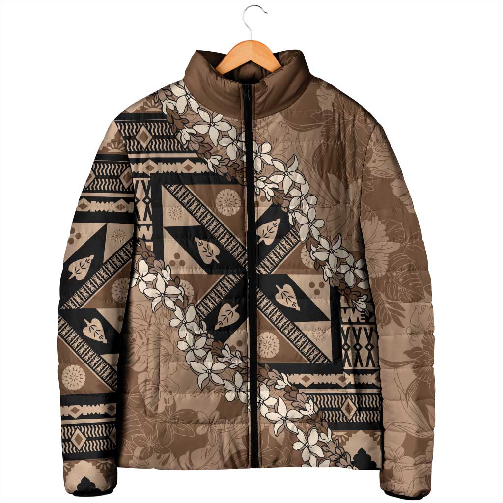 Bula Fiji Plumeria Tagimoucia Salusalu Mocha Padded Jacket Kaiviti Masi LT7 - Polynesian Pride