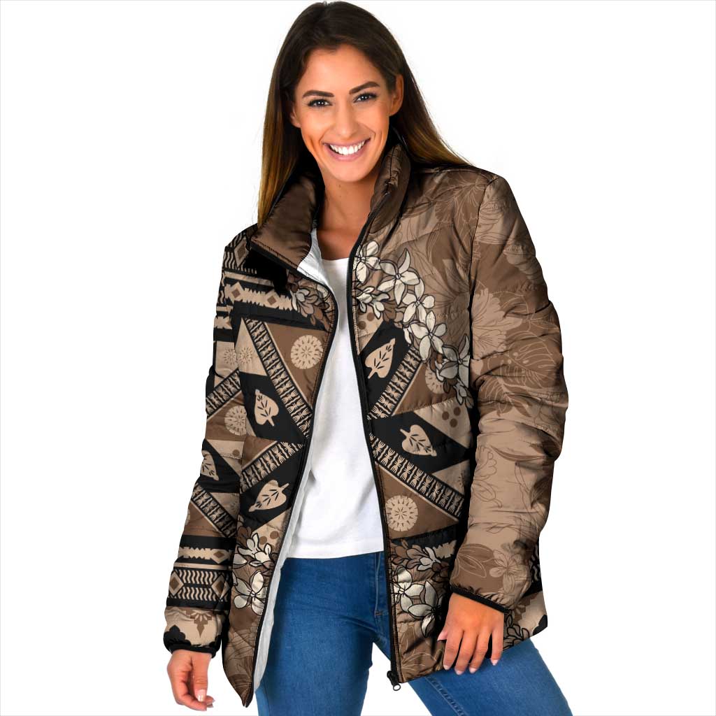 Bula Fiji Plumeria Tagimoucia Salusalu Mocha Padded Jacket Kaiviti Masi LT7 Women Mocha - Polynesian Pride