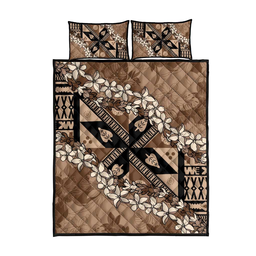 Bula Fiji Plumeria Tagimoucia Salusalu Mocha Quilt Bed Set Kaiviti Masi - Polynesian Pride