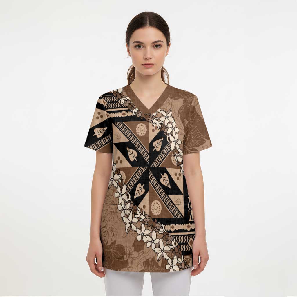 Bula Fiji Plumeria Tagimoucia Salusalu Mocha Scrub Top Kaiviti Masi LT7 - Polynesian Pride