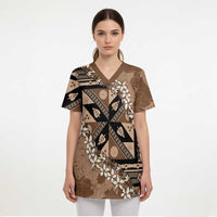 Bula Fiji Plumeria Tagimoucia Salusalu Mocha Scrub Top Kaiviti Masi LT7 - Polynesian Pride