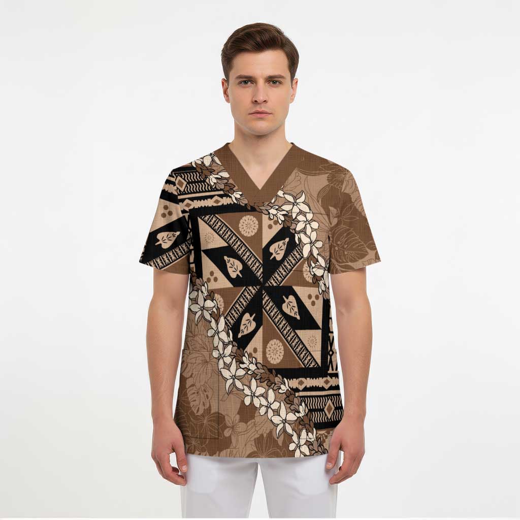 Bula Fiji Plumeria Tagimoucia Salusalu Mocha Scrub Top Kaiviti Masi LT7 - Polynesian Pride