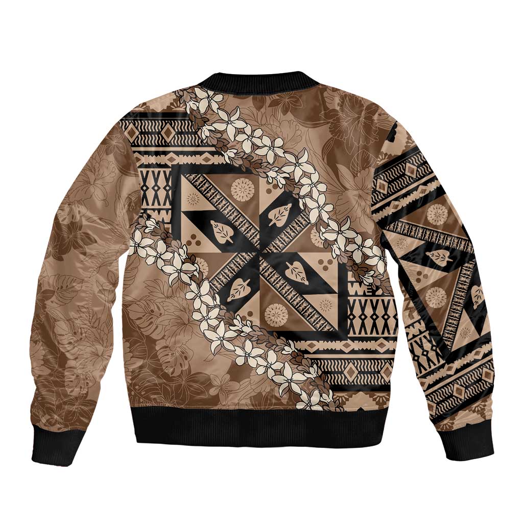 Bula Fiji Plumeria Tagimoucia Salusalu Mocha Sleeve Zip Bomber Jacket Kaiviti Masi LT7 - Polynesian Pride